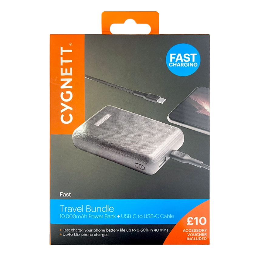 Cygnett Fast Charging Reisepaket 10000mAh Power Bank USB-C auf USB-C Kabel Schwarz